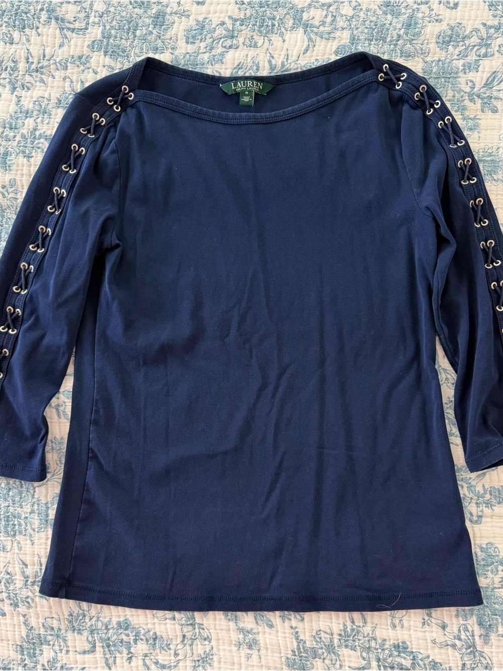 Ralph Lauren Navy Lace-Up Sleeve 3/4 Sleeve Top